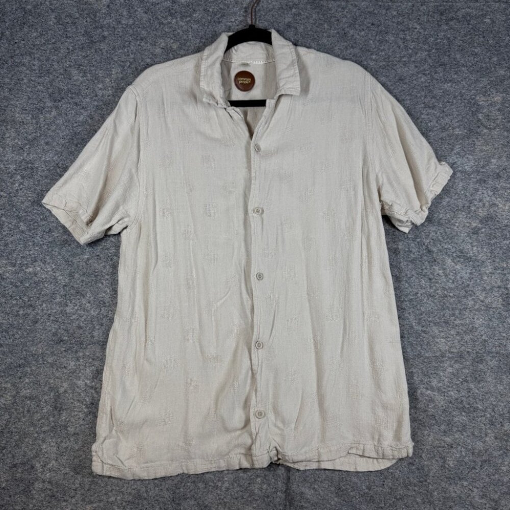 Common People Linen Blend Textured Polka Dot Button Up Shirt Size L Resort Wear - Picture 2 of 14